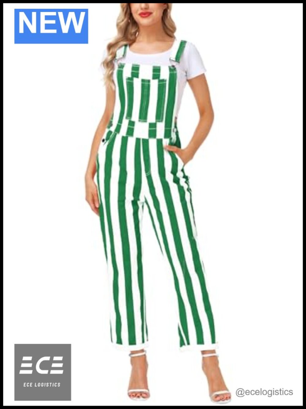 Women's Striped Cotton Spandex Overalls Adjustable Straps Stretch Denim